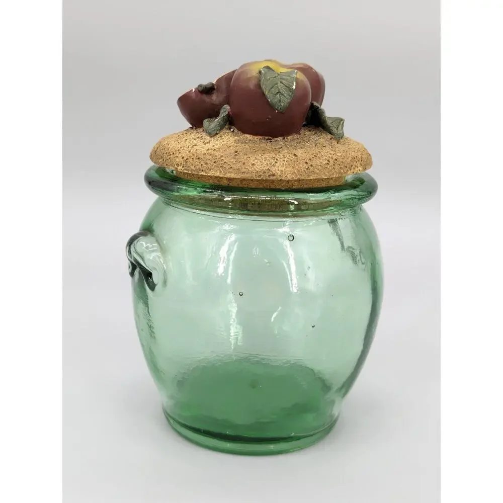 Green Embossed Kitchen Glass Storage Jar With Decorative Apples Cork Lid 7